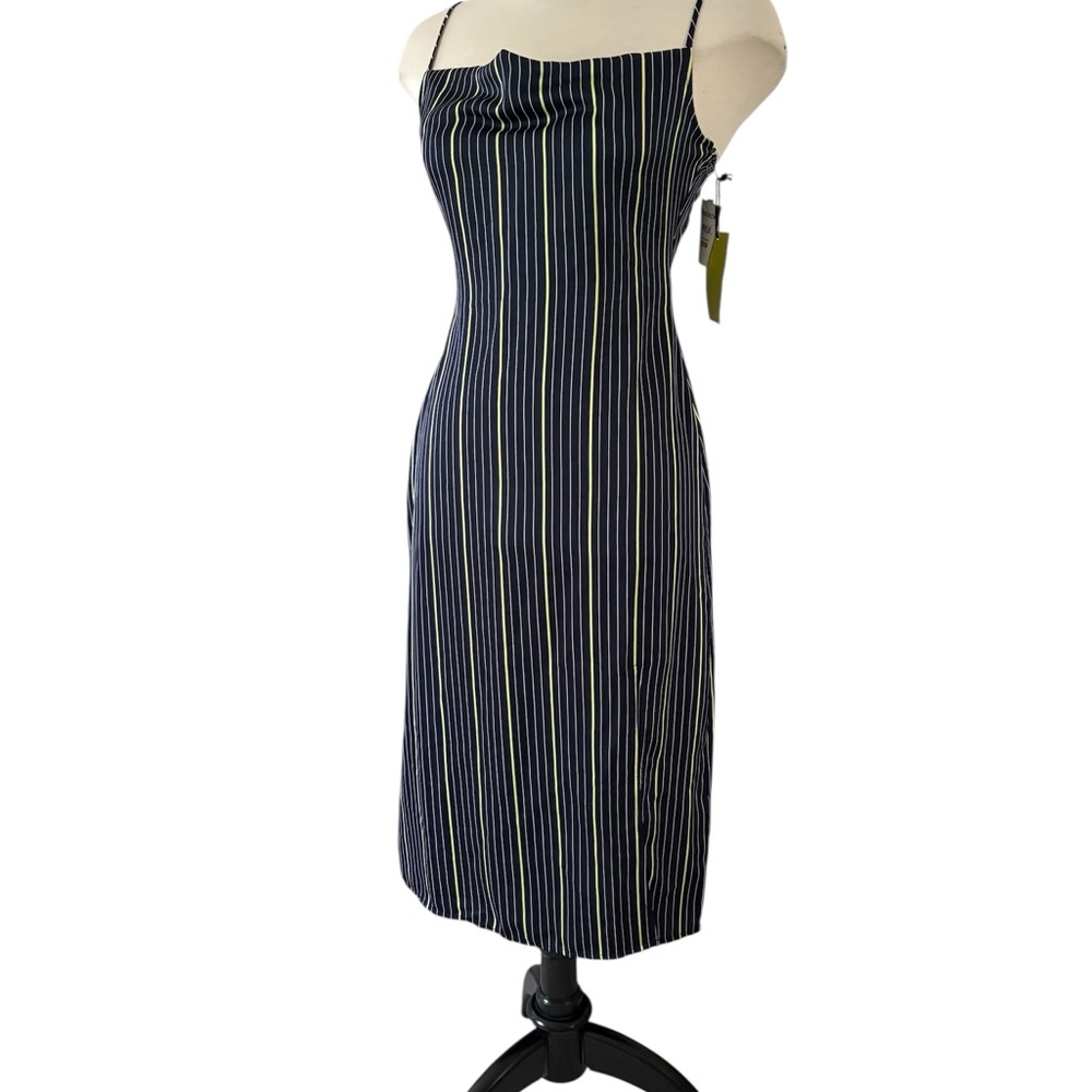 Black White Yellow Striped Spaghetti Straps Sheath Midi Dress